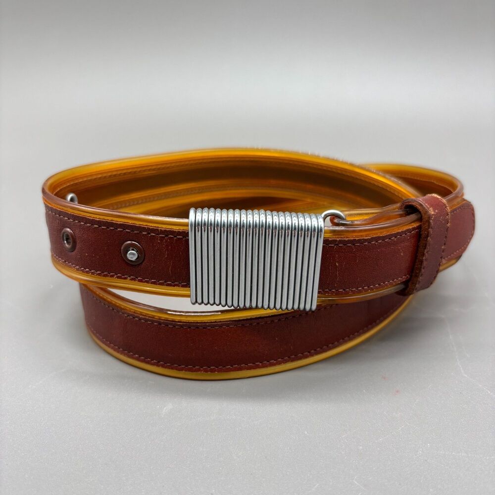 Vintage Leather Belt Style King 70s Brown Flex Wire Hook Buckle Vinyl Back Sz 34